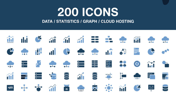 Data and statistics blue flat icon set for graph cloud hosting server analytics corporate presentation vector illustration