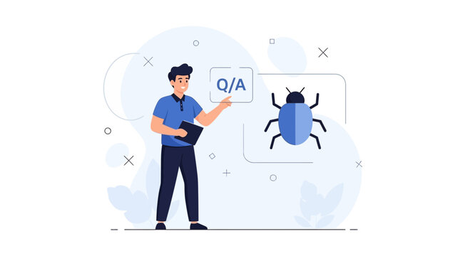 Programmer presenting a software bug during a Q/A session, highlighting troubleshooting and debugging in a modern flat illustration style.