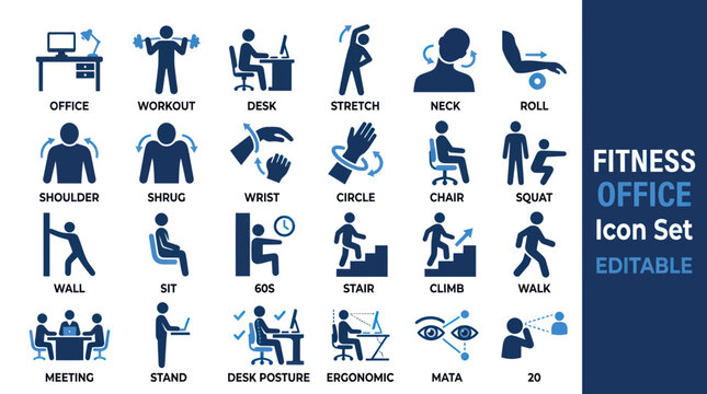 Fitness Office Icon Set: Workout, Desk Exercises, Healthy Lifestyle