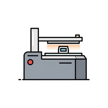 Industrial printing machine with paper output tray.