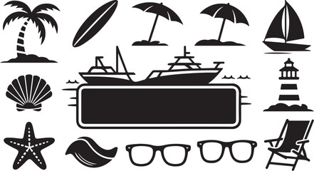Obraz premium Beach icons, summer symbols, black vector graphics, 13 tropical elements