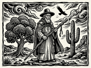 Fototapeta premium Linocut illustration of an elderly desert pilgrim with a staff and robes