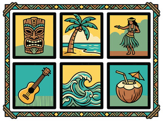 Vintage Hawaiian Illustration Set with Tiki and Tropical Motifs © Abil