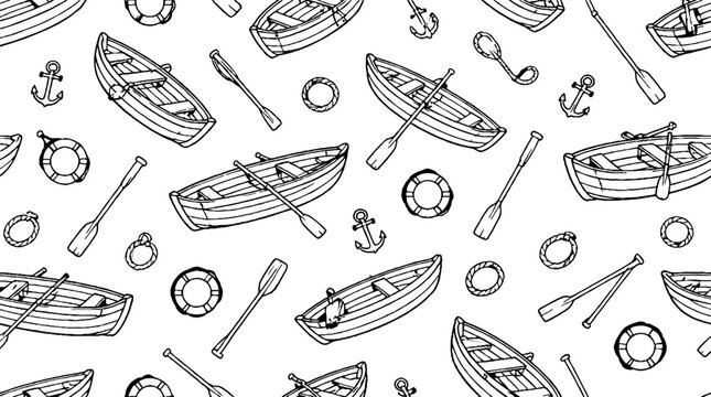 Nautical themed seamless pattern with boats and anchors.