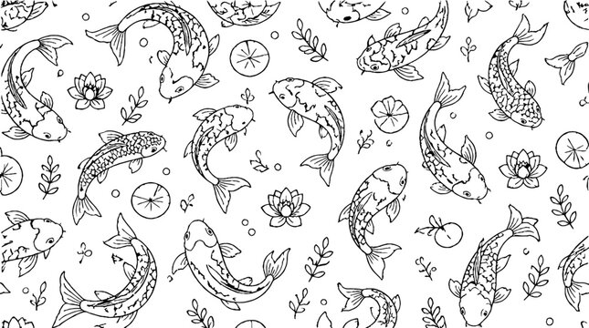 Elegant koi fish and floral pattern illustration.
