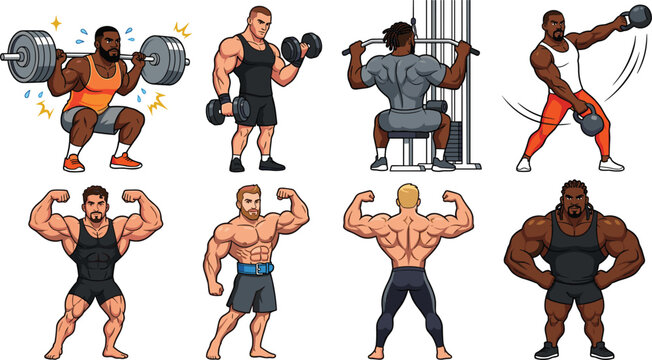 Bodybuilding and Gym Workout Character Vector Set with Strong Men Lifting Barbell Dumbbells Kettlebell and Flexing Muscles for Fitness Graphic Designs