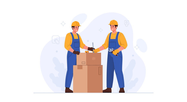 Two construction workers in hard hats and overalls working together with boxes and tools, flat vector illustration.