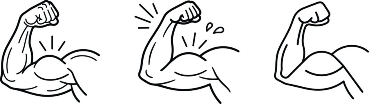 Strong arm flexing biceps muscle icon set representing fitness power and physical strength vector line illustration