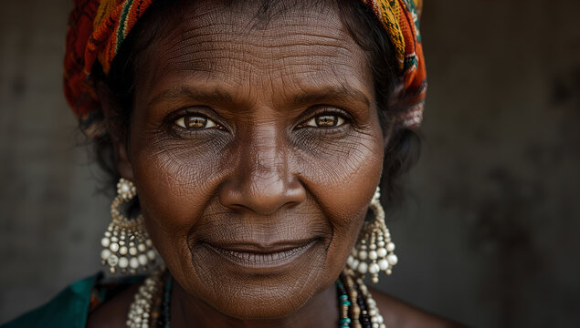 Elderly African Woman With Traditional Headwrap And Jewelry Smiling Warmly Portrait