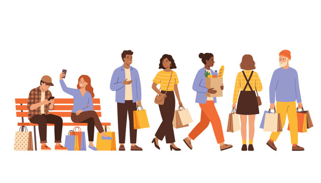 People shopping vector set. Diverse cartoon customers walking with paper bags, sitting on bench taking selfie, isolated transparent background elements.