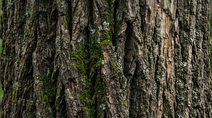 Fototapeta premium Close-up view of an old rugged tree trunk heavily covered with natural green moss and organic lichen in the middle of the woods.