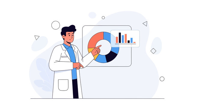 Scientist presenting data analysis with pie chart and bar graph illustration, vector illustration