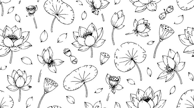 Elegant lotus flowers and dragonflies black and white illustration.