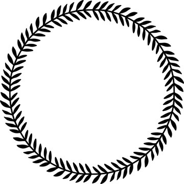 Black and white circular laurel wreath frame isolated on transparent background
