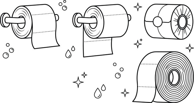 Toilet paper roll icons set with holders bathroom hygiene and sanitary tissue products vector line illustration