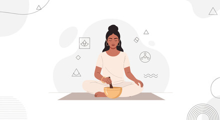 Obraz premium Woman Meditating with Singing Bowl, Yoga, Mindfulness, and Inner Peace