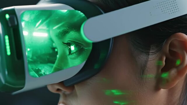 Woman wearing virtual reality goggles. Closeup of woman with immersive goggles and focused expression. Woman donning virtual reality headset with green reflections and concentrated look