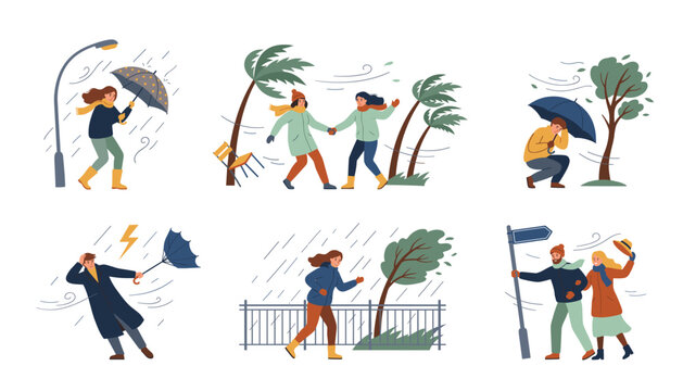 Stormy weather vector set. Cartoon people walking in heavy rain, strong wind, broken umbrellas, bending trees, isolated transparent background elements.