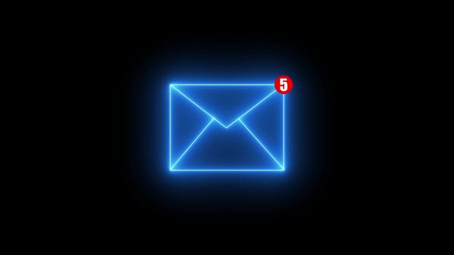 Neon email envelope animation on black background, for digital communication, and business messaging 4k video animation.