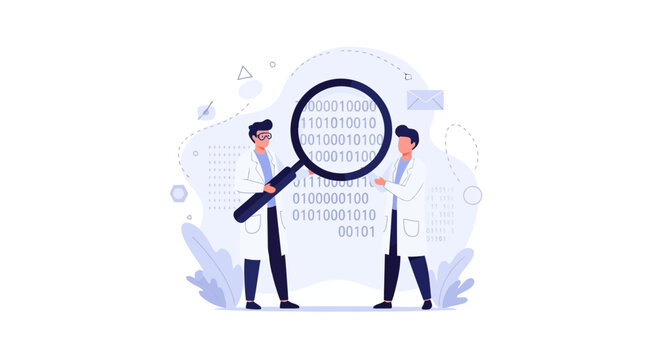 Scientists analyze binary code with magnifying glass, data science and programming concept, flat vector illustration