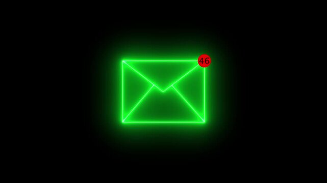 Neon email envelope animation on black background, for digital communication, and business messaging 4k video animation.