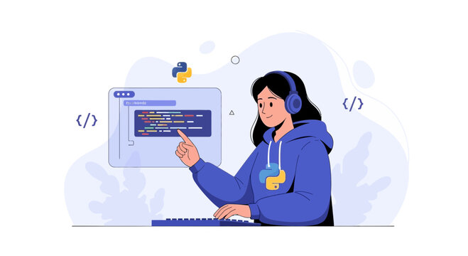 Woman programmer coding in Python, using headphones and looking at the screen with code. Flat design vector illustration.
