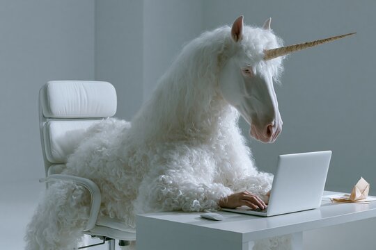 Unicorn at office desk using laptop in modern room, surreal white animal working on computer with calm expression
