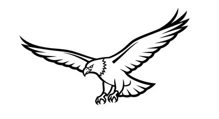 Fototapeta premium Majestic flying eagle line art illustration, powerful bird of prey in black and white outline, soaring raptor graphic isolated