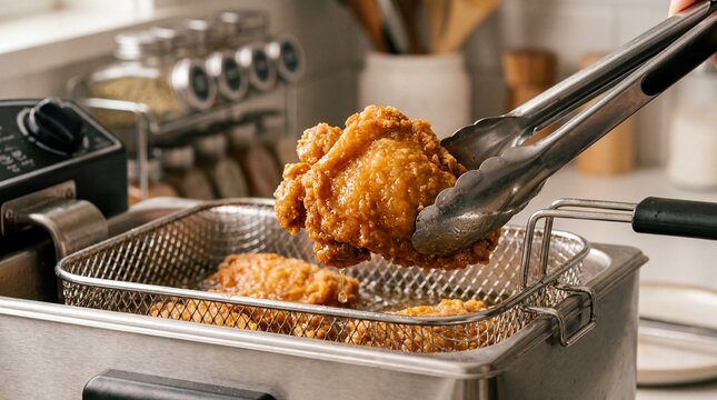 Lifting crispy golden fried chicken from a stainless steel deep fryer with metal tongs in a kitchen.