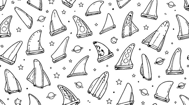 Repeating pattern of shark fins and celestial elements.
