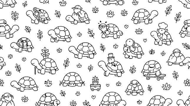 Playful cartoon turtles with flowers and plants pattern.