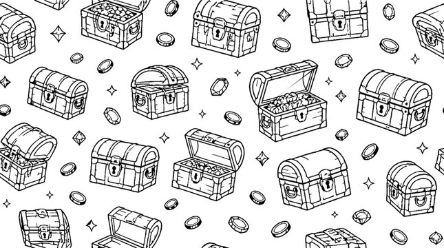 Illustrated Treasure Chests and Gold Coins Pattern.