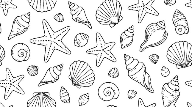 Detailed black and white seashell and starfish illustration.