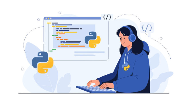 Young woman programmer wearing headphones coding Python on a laptop with code displayed on screen