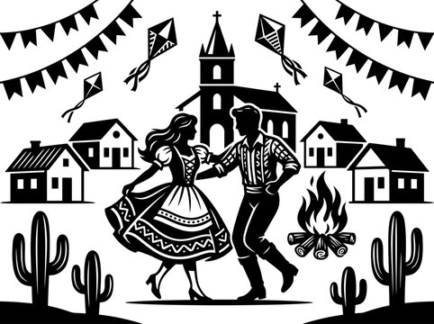 Brazil Festa Junina Traditional Woodcut Illustration with Dancing Couple