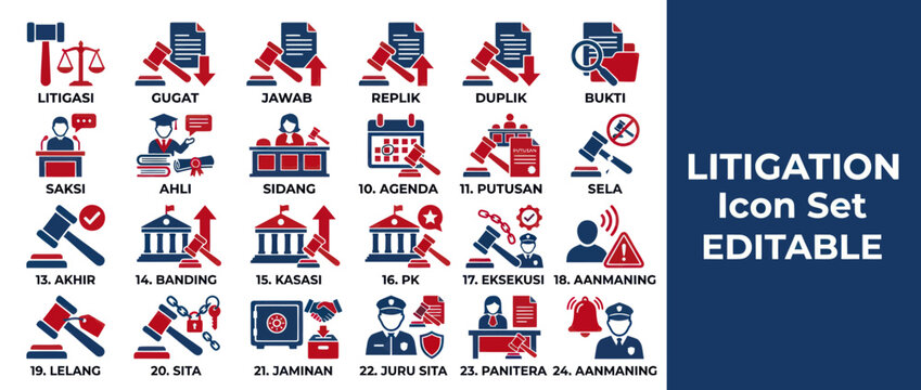 Litigation Icon Set: Justice, Law, Court, Legal Process, Documents, Gavel