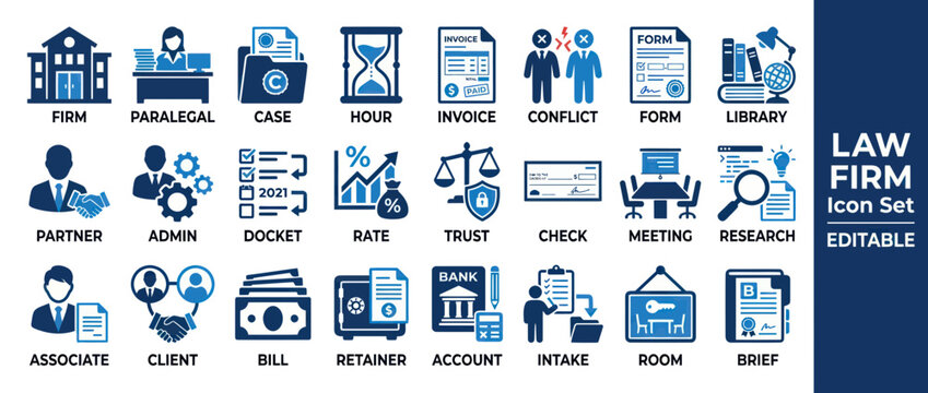 Law Firm Icon Set: Legal Business, Justice, and Office Concepts