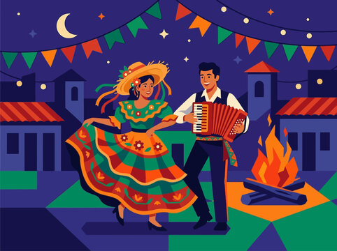 Brazilian Festa Junina celebration with dancing couple, accordion, and campfire.