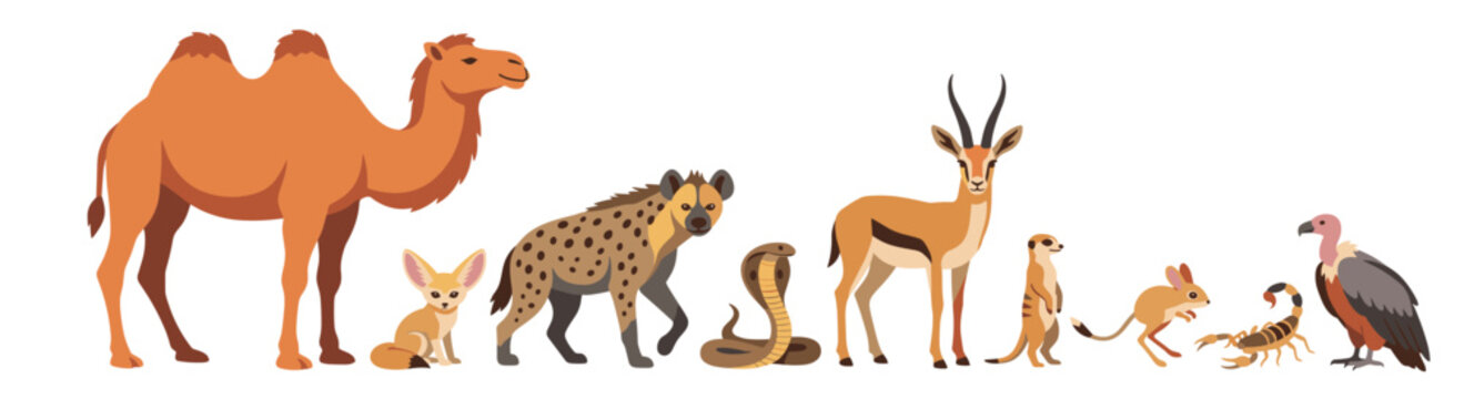 Desert animals vector set. Cartoon camel, hyena, cobra snake, gazelle, vulture, isolated transparent background elements.