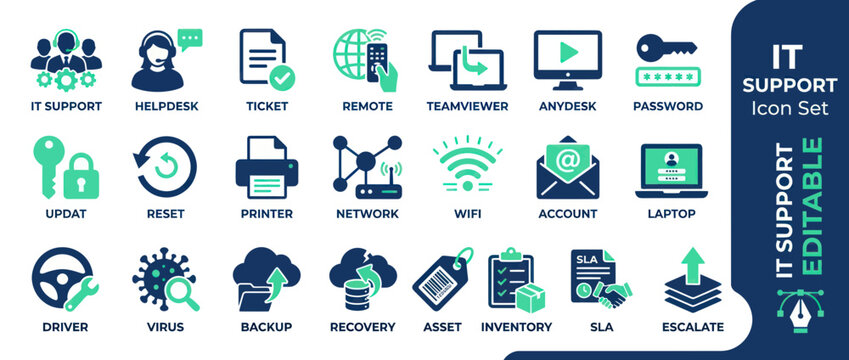 IT Support Icon Set: Helpdesk, Network, Security, Cloud, and More