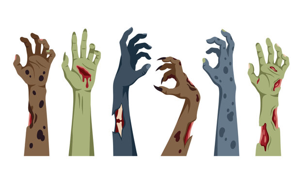 Zombie hands vector set. Spooky monster arms reaching up, bloody wounds, torn flesh, exposed bones, isolated transparent background elements.