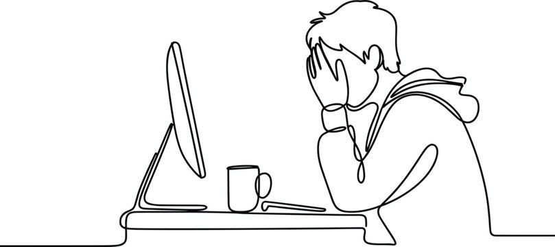 Stressed man covering face in front of computer continuous line drawing overwork exhaustion abstract vector illustration