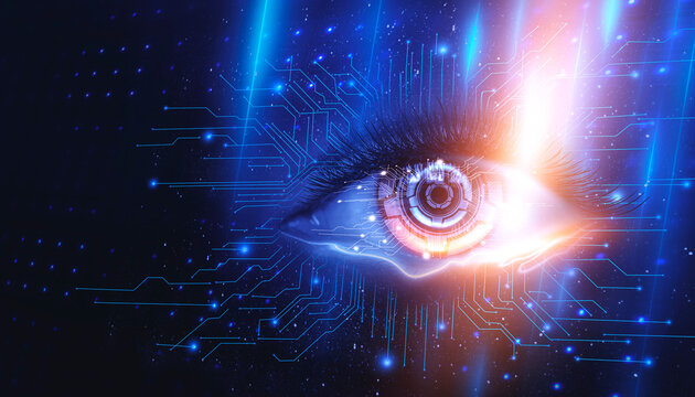Digital Eye with Glowing Circuit Patterns, Biometric Scan and Blue Orange Neon, AI Concept