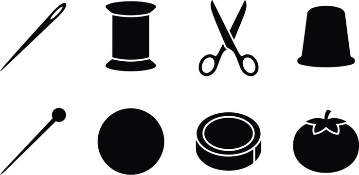 Collection of sewing tool silhouettes including needle, thread spool, scissors, thimble, pin, button, tape measure, and pincushion