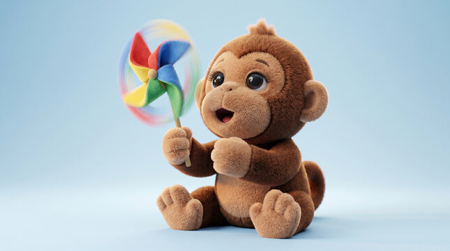 Plush Monkey Holding Colorful Pinwheel Childhood Dreams Concept