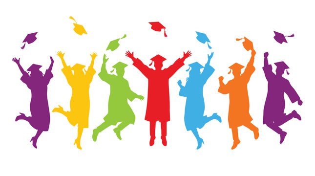 Colorful vector illustration featuring happy students jumping for joy while tossing their graduation caps into air