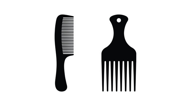 Minimalist black vector illustration showing a classic hair comb and a professional wide tooth pick
