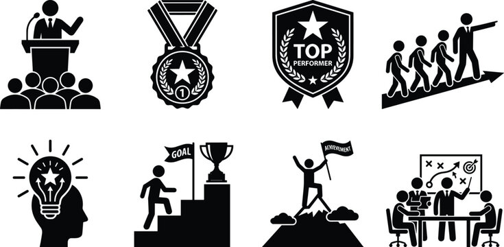 Business Leadership and Achievement Icons Set with Teamwork Success and Goal Concepts