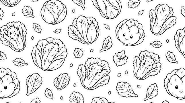 Detailed black and white cabbage leaf pattern illustration.