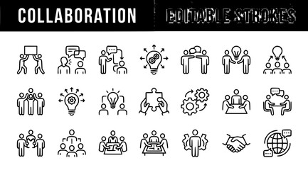 Fototapeta premium Collaboration icons set teamwork partnership and communication line art collection